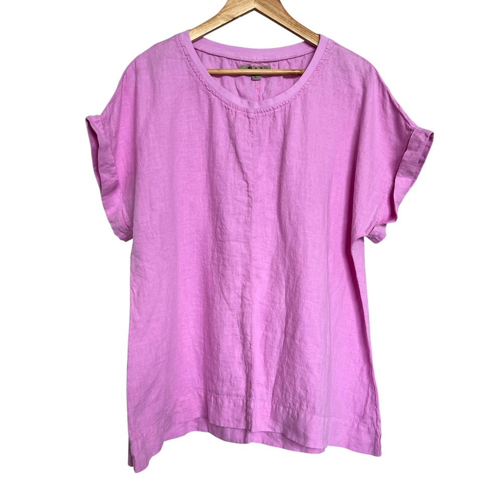 Flax 100% Linen Pink Short Sleeve Boxy Blouse Cotton Trim SZ L Lagenlook Coastal